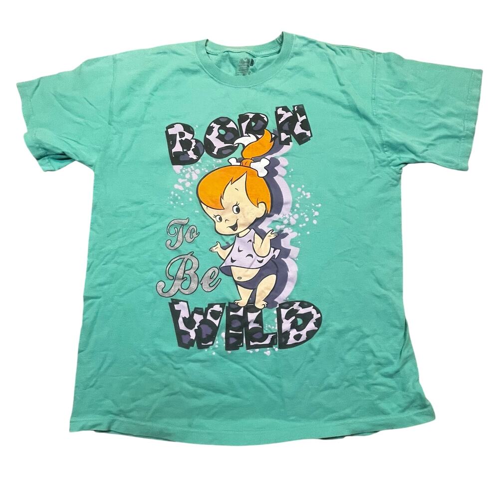 Pebbles Born To Be Wild Teal Cartoon‎ Graphic Tee Women M Vintage Style